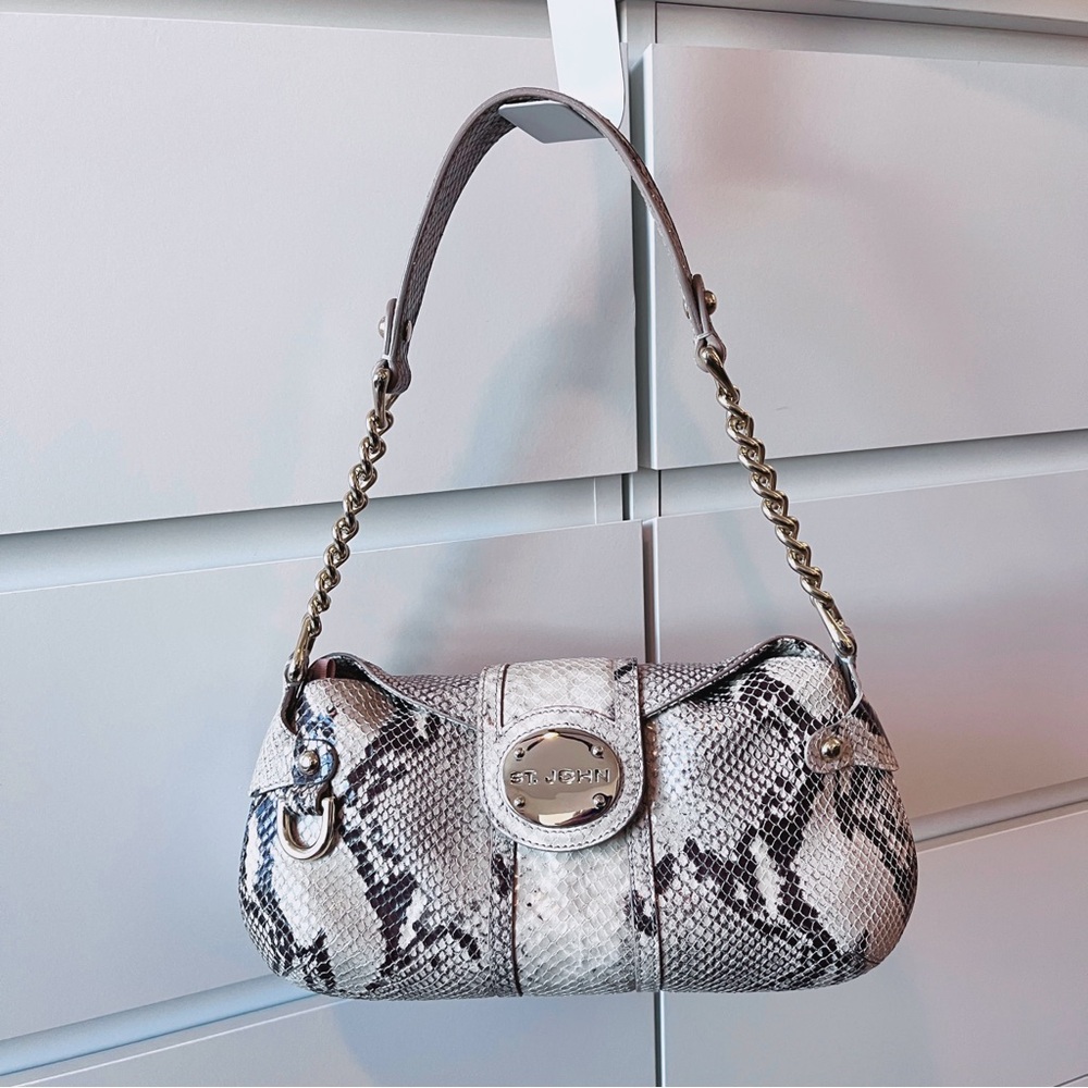 St John Quiet Luxury Snakeskin Print Pattern Leather Shoulder Bag